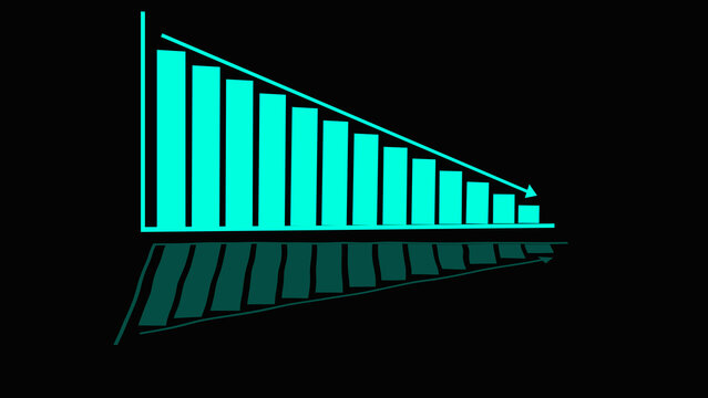 Cyan Bar Chart Showing Downward Trend with Reflection on Black Background graph decline