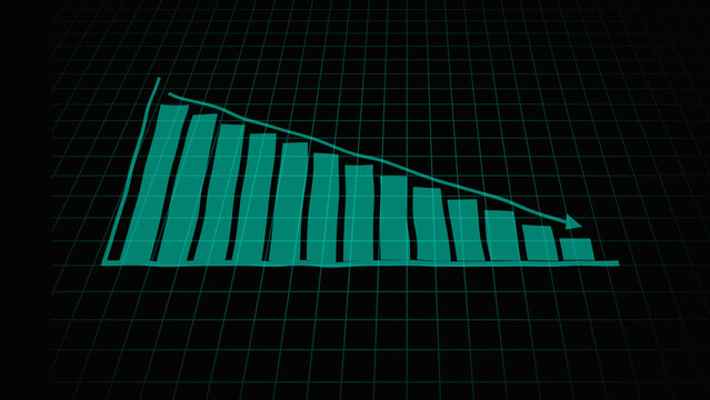 Teal Hand- Drawn Bar Chart with Downward Trend on Dark Grid Background graph decline