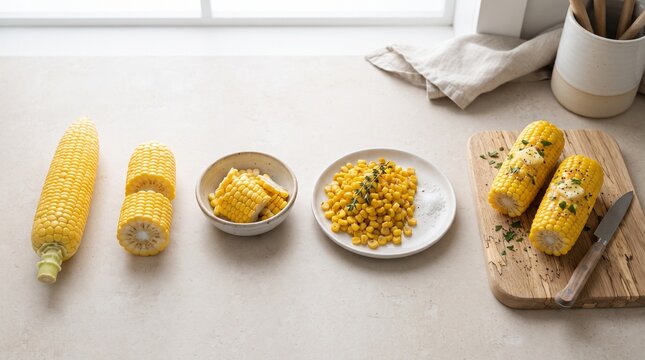 Sweet corn preparation stages from whole cob to separated kernels and ready-to-cook portions, arranged in a clean modern kitchen scene for culinary concepts.