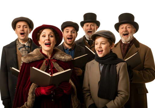 Group of friends singing carol together in winter clothing with warm lighting