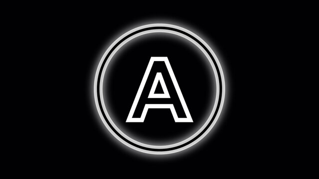 White letter A inside a glowing white circle on a black background alphabet character