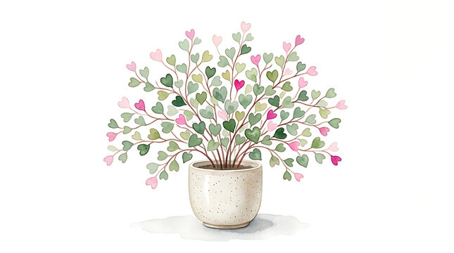 Watercolor potted plant with heart shaped leaves green leaves 1