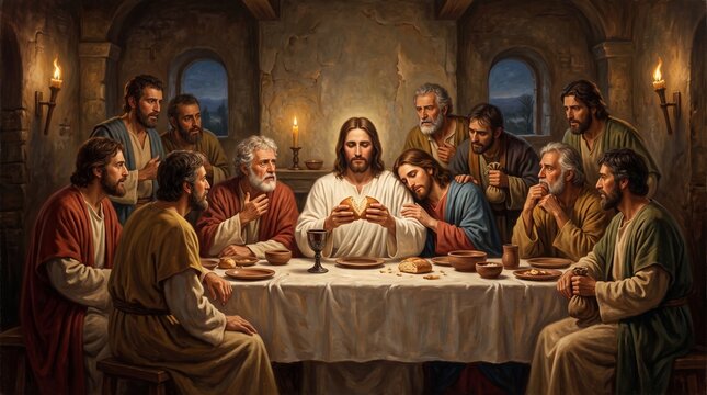 Jesus Christ breaks bread with the twelve apostles around a dining table during The Last Supper in a New Testament biblical scene.