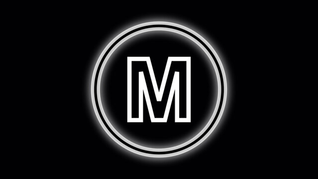 White letter M inside a glowing double circle on black background alphabet character