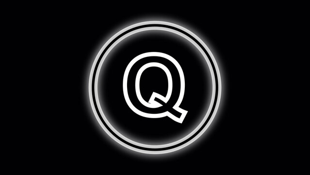 White letter Q inside a glowing double circle on black background alphabet character