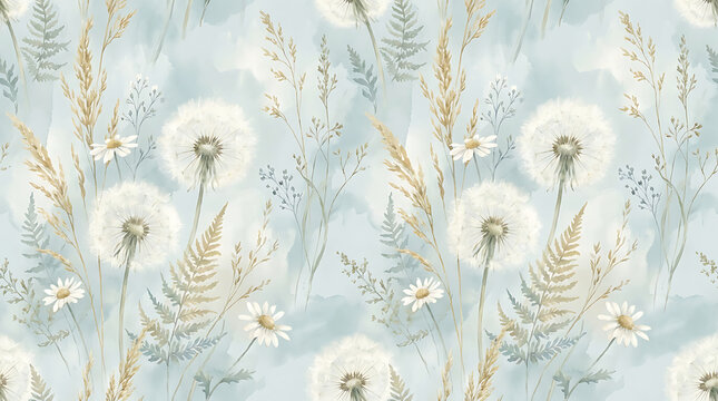 Watercolor dandelions and daisies seamless pattern 1