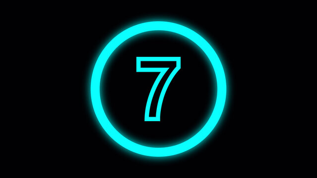 Neon blue number 7 inside a glowing circle on black background seven numeral