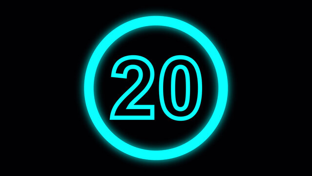 Neon cyan number 20 within a glowing circle on a dark background digit numeral