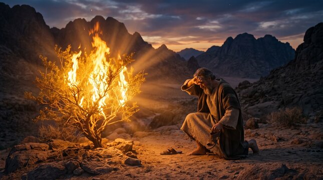 Moses takes off his sandals and shields his face before the radiant Burning Bush on Mount Sinai in an Old Testament biblical scene.