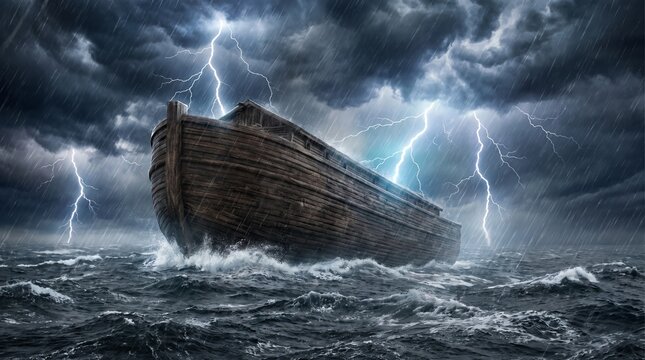 Noah's Ark navigates rough ocean waves under bright lightning flashes and pouring rain during the Great Flood in a biblical scene.
