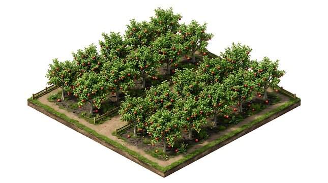 Isometric Fruit Orchard Farm Plot With Green Trees Isolated on White Background