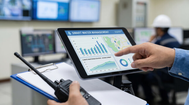 Technician hand reviewing smart water management data for climate adaptation