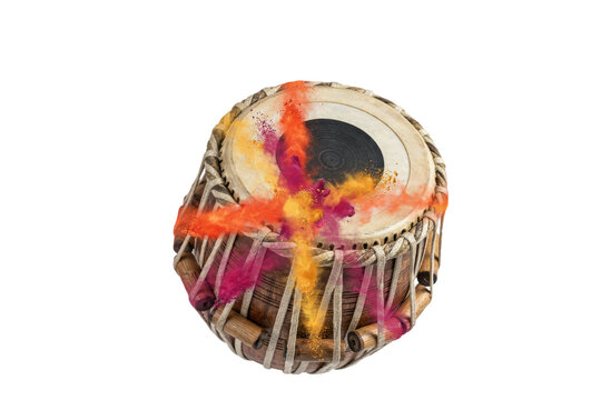 Traditional indian tabla drum with vibrant holi festival colored powder explosion on the drumhead surface isolated on a transparent background
