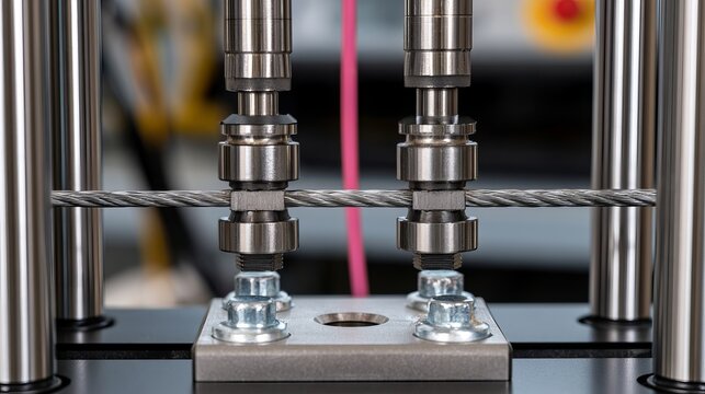 Steel machinery components undergoing tensile strength testing, showcasing robust construction and industrial quality control processes in a laboratory setting