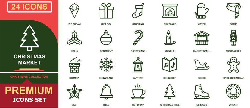 Twenty-four christmas market line icons set featuring festive holiday decorations and