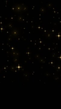 Luxurious golden glitter dust falling and glowing stars pure black seamless vertical loop background 4k video