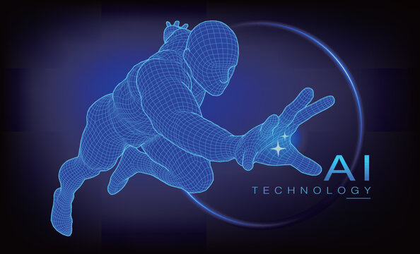 Futuristic 3D wireframe human figure reaching forward with glowing blue interface, representing artificial intelligence, AI technology, digital transformation, innovation and virtual reality