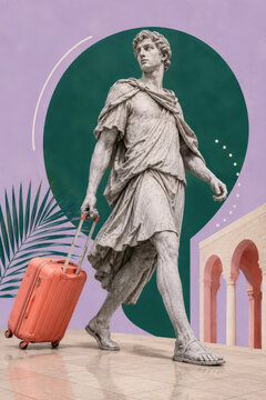 Classical statue with travel suitcase on summer Mediterranean vacation abstract collage illustration