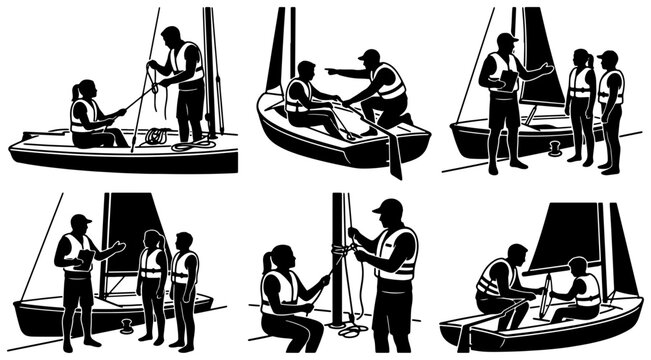 Sailing Instruction Set, Nautical Training Graphics, Water Sport Education Icons, Yachting Skills Vector Collection