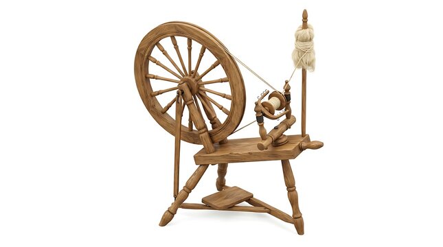 Vintage Wooden Spinning Wheel for Wool Yarn Craft Isolated on White Background