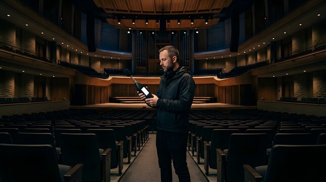 Sound technician measuring acoustics inside empty concert hall auditorium