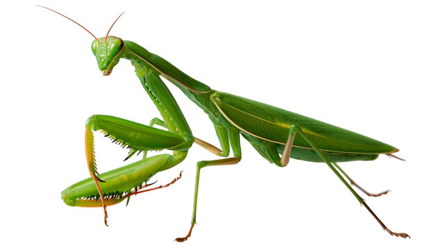 Bright green praying mantis insect with long antennae and spiny raptorial legs