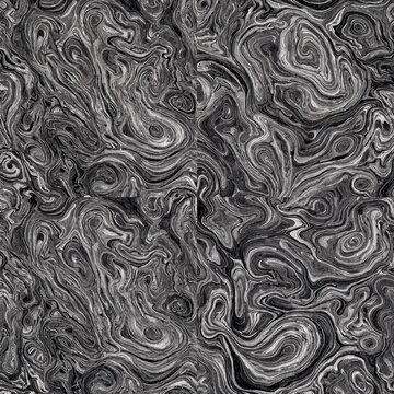 Close-up of a black and white damascus steel texture featuring intricate, swirling, wavy metallic patterns.