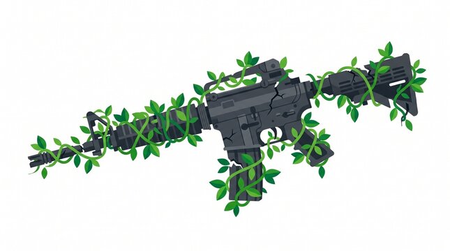 Conceptual flat illustration of a broken assault rifle overgrown with green vines and leaves on a white background, symbolizing peace, demilitarization, and nature reclaiming tools of war.