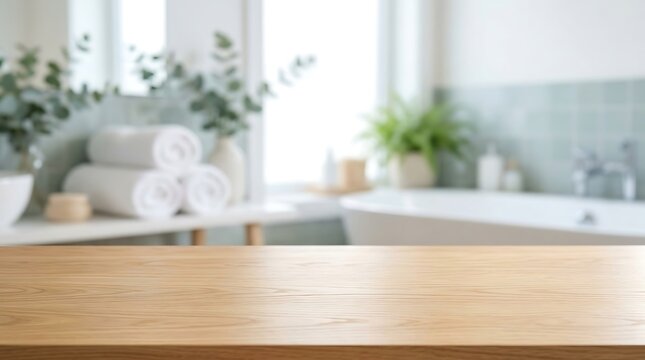 Empty wooden table top with blurred bathroom interior background for product display mockup and wellness spa design