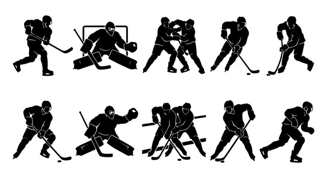 Ice Hockey Action Silhouettes: Goalie, Players, Fighting, Skating, Puck Control, 10 Vector Elements for Sports Design