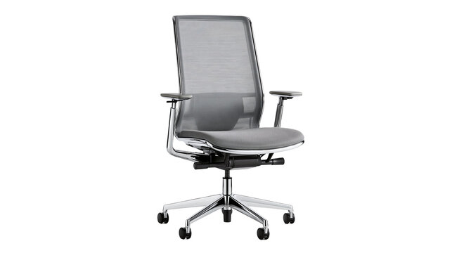 Modern grey mesh ergonomic office chair with chrome base and adjustable armrests