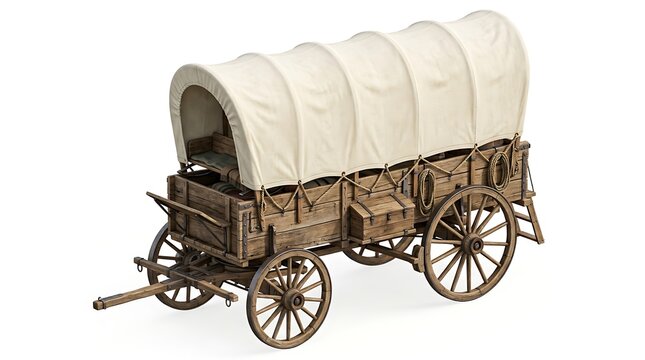 Antique Wooden Covered Wagon for Pioneer Travel Isolated on a White Background