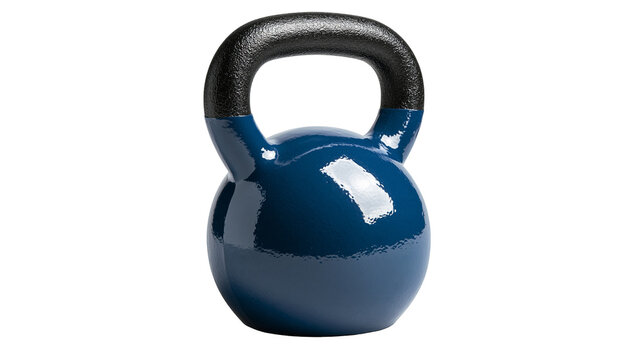 Blue glossy cast iron kettlebell with textured black handle
