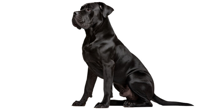 Black Cane Corso dog sitting in profile view
