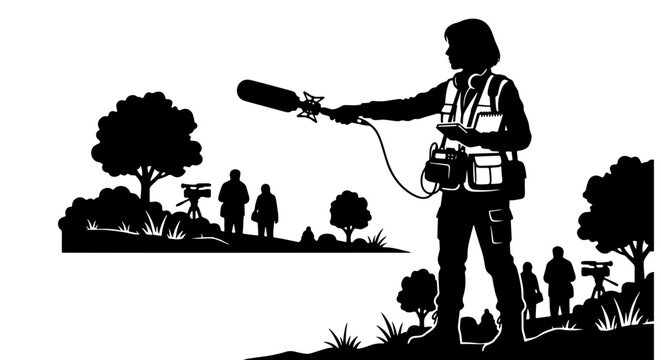Sound Recordist Silhouette, Audio Technician with Boom Mic and Recorder, Field Recording Crew, Outdoor Production, Professional Audio Capture
