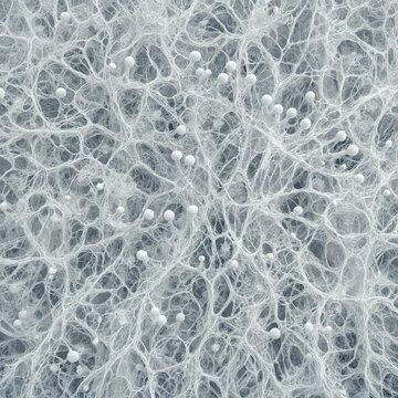 Macro view of a white mycelium network texture showing complex branching filaments and small spherical nodes.