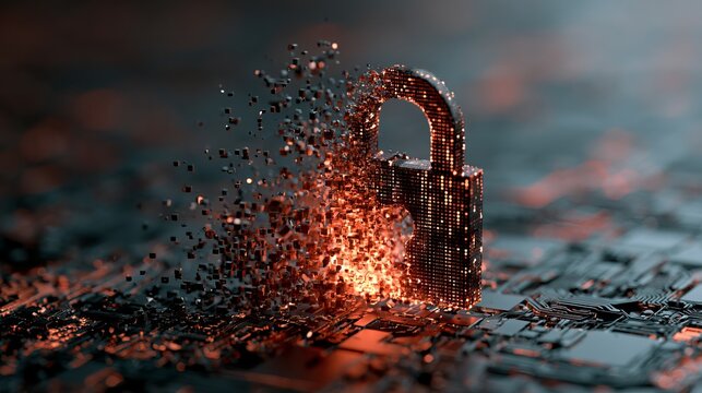 Digital padlock shattering into glowing pixels, representing data breach and compromised security, concept for cybersecurity risk and vulnerability