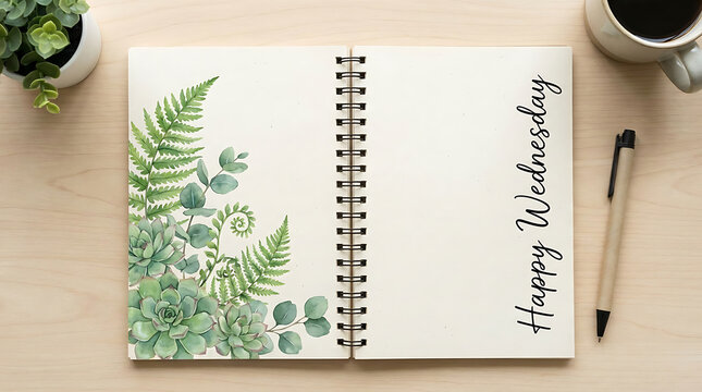 Spiral notebook with fresh green leaves and Happy Wednesday