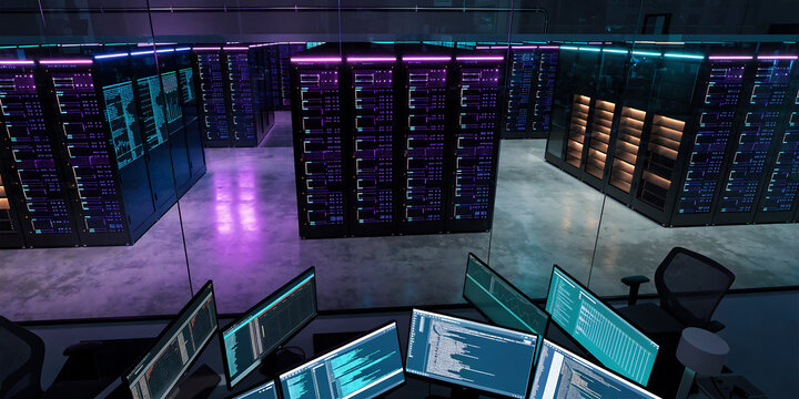 Wide angle view of a secure data center facility with illuminated server hardware and digital monitors.