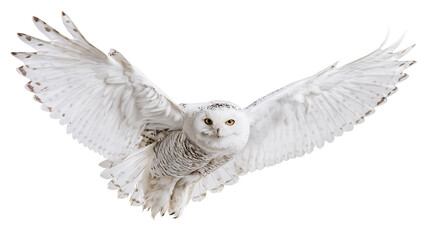 Snowy owl in flight with wings spread wide and piercing yellow eyes © Alaric