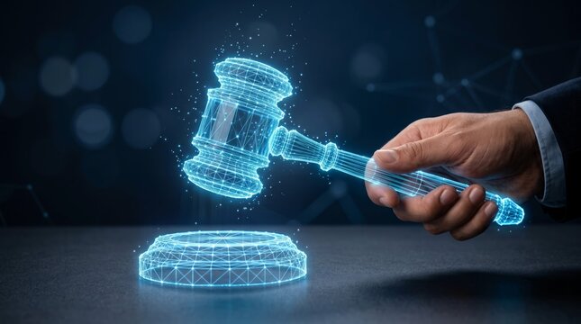 Digital blue glowing wireframe judge gavel held by professional hand creating modern legal technology concept for virtual courtroom judgment sessions