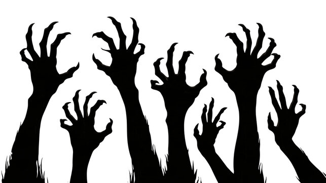 Black silhouette of multiple reaching zombie hands with sharp claws and fingers