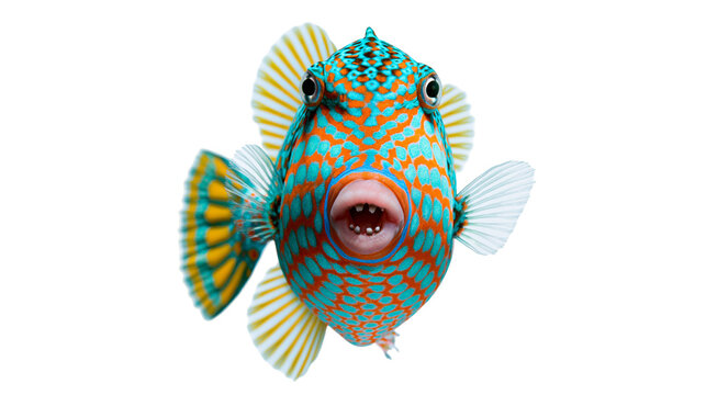 Harlequin filefish with vibrant blue and orange spotted pattern and open mouth