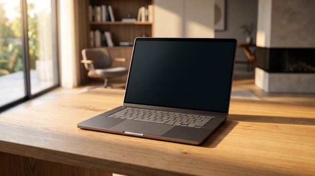 Modern sleek silver laptop computer featuring a blank black screen sits elegantly on a clean wooden desk under warm lighting