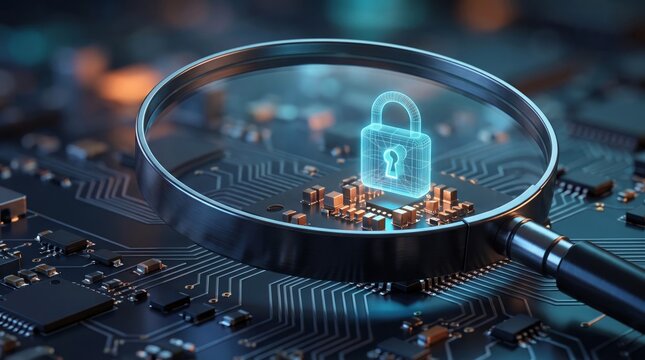 Glowing digital padlock icon hovering over a computer circuit board viewed through a professional magnifying glass with soft cinematic lighting