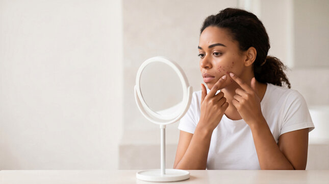 Young African American woman squeezing acne pimple on her cheek looking in vanity mirror at home