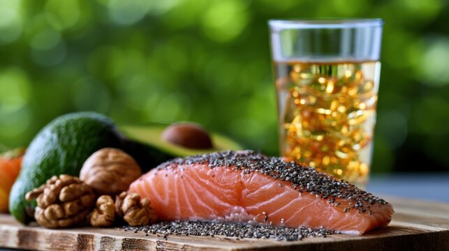 Fresh raw salmon fillet topped with chia seeds alongside walnuts and avocado with a glass of golden supplements in natural outdoor setting