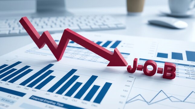 Red downward pointing arrow illustrating a severe job loss crisis shown on complex financial charts with bold three dimensional text