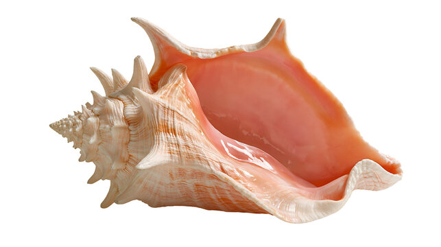Large pink queen conch seashell with spiral structure and smooth glossy interior