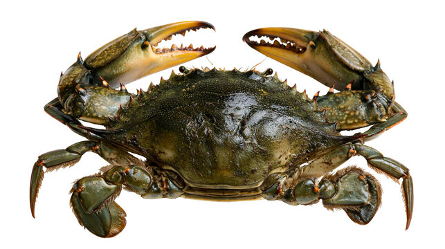 Large raw mud crab with dark green shell and sharp claws